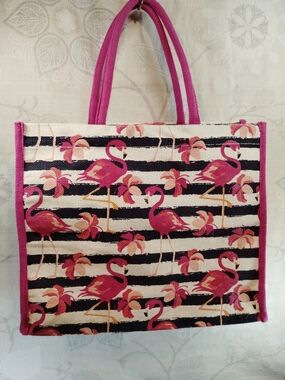 Pink Flamingo Stripe Shoulder Tote Bag